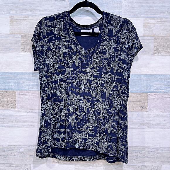 CHICOS TRAVELERS Tropical Island Print Tee Blue Stretchy Vintage Womens Large 2 - Picture 1 of 4